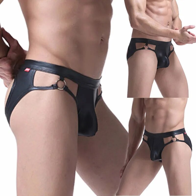 Ropa interior Sexy de cuero PU para hombre, calzoncillos con tirantes, Tanga, bolsa para Tanga, bragas, Bikini, novedad de 2021