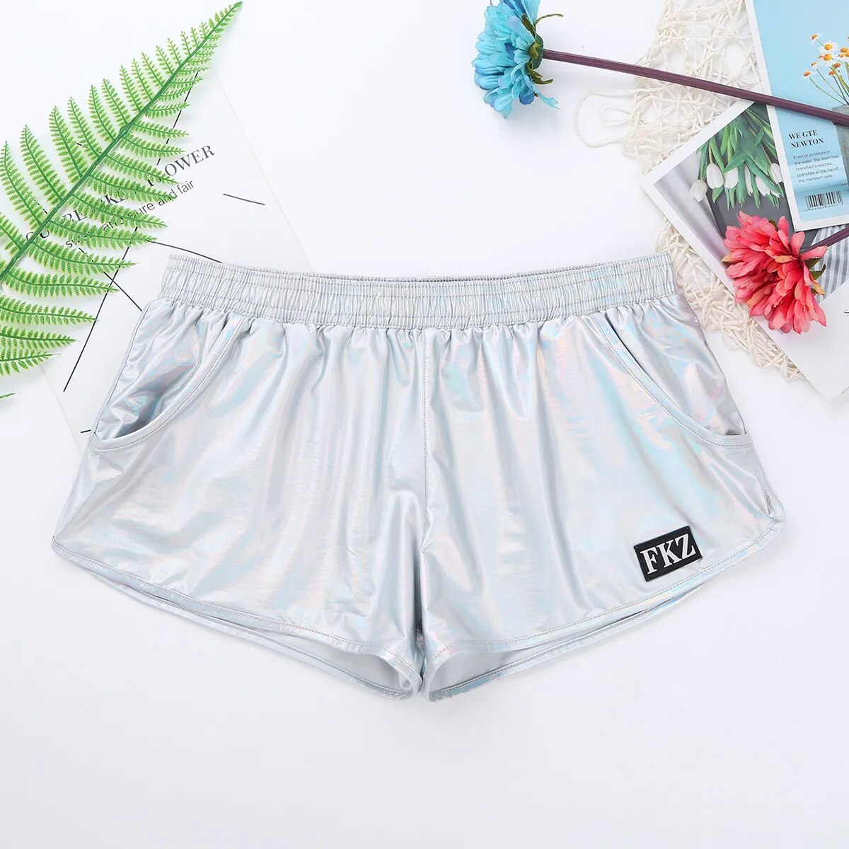 Cuecas boxer metálicas holográficas brilhantes masculinas, cuecas casuais soltas, roupa íntima, moda praia, biquíni