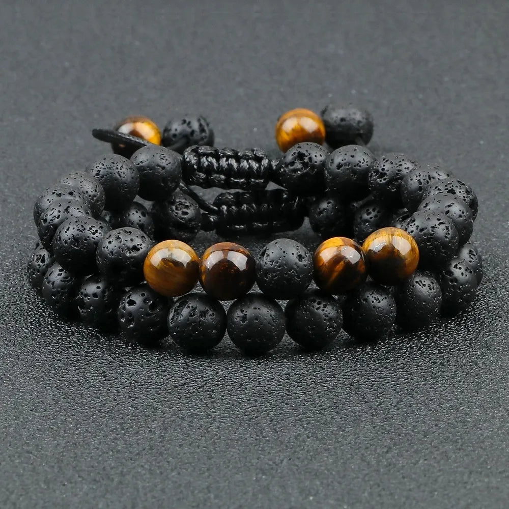 Pulseira de contas de olho de tigre com pingente de coroa de pedra de lava preta para homens e mulheres pulseiras trançadas artesanais joias ajustáveis