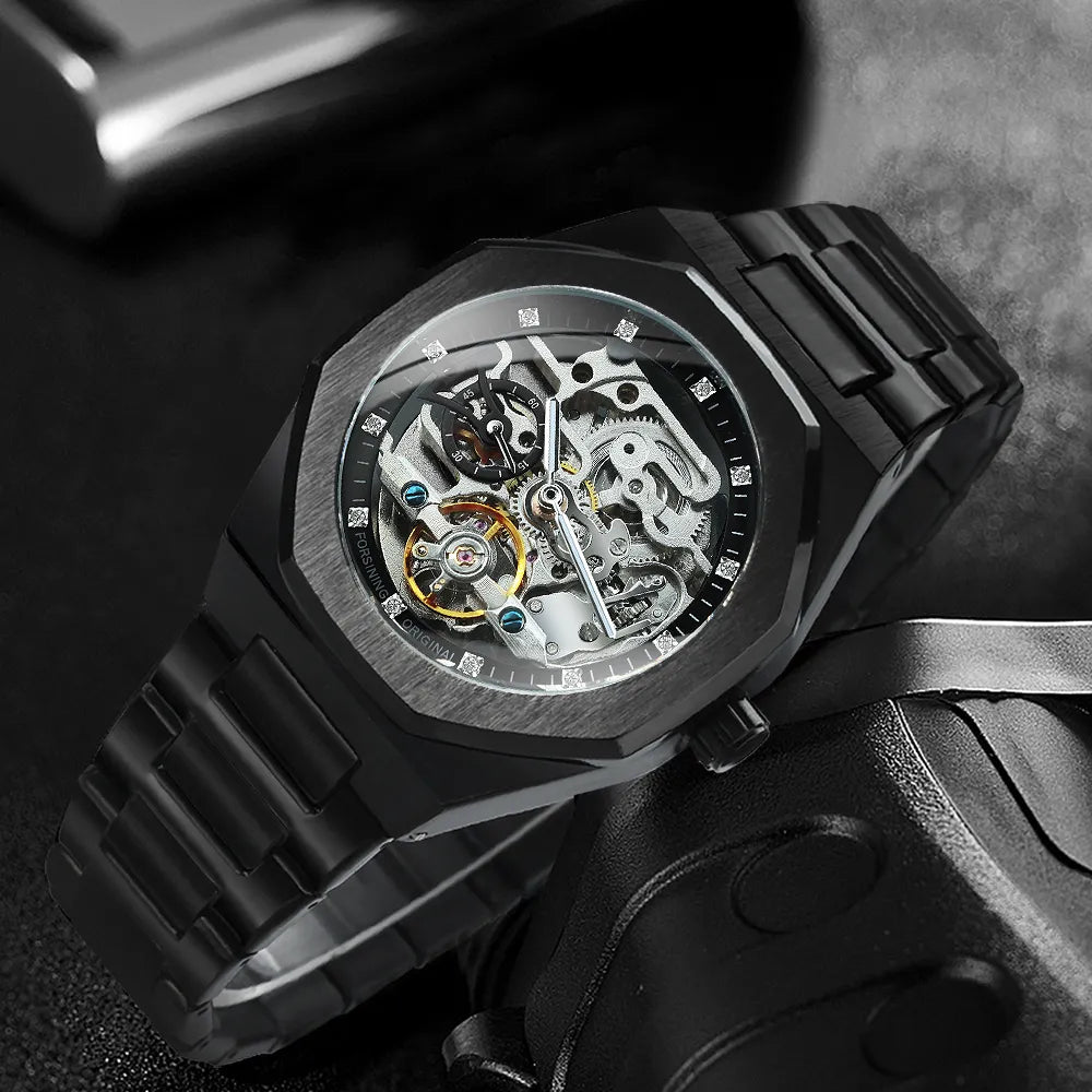 FORSINING Tourbillon-Reloj mecánico automático para Hombre, con correa de acero, esqueleto, marca superior de lujo, 2021