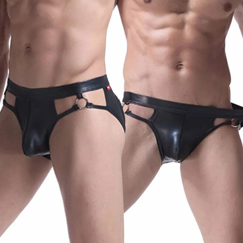 Ropa interior Sexy de cuero PU para hombre, calzoncillos con tirantes, Tanga, bolsa para Tanga, bragas, Bikini, novedad de 2021