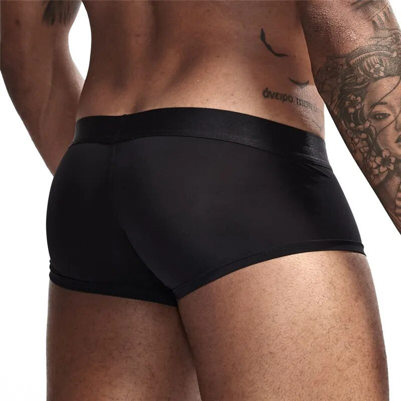 Sexy boxer masculino gay roupa interior de seda gelo malha transparente homme respirável cuecas masculinas calzoncillos hombre deslizamento boxershorts