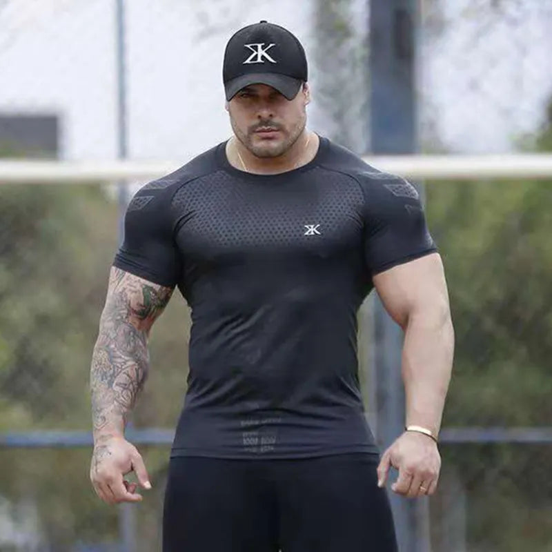 Compressão de secagem rápida camiseta dos homens correndo esporte magro curto camiseta masculino ginásio fitness musculação treino preto topos roupas