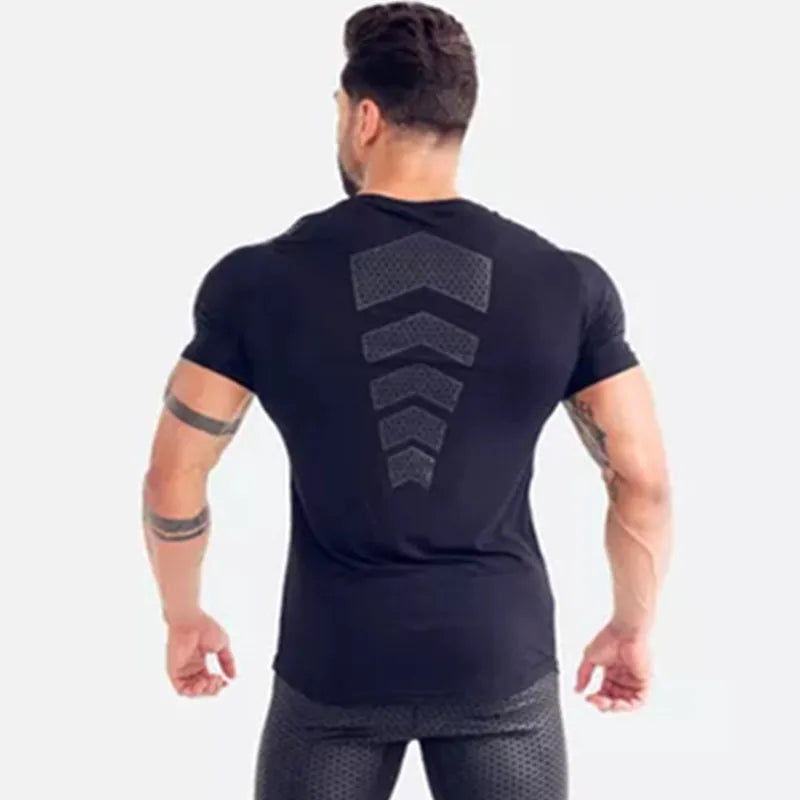 Compressão de secagem rápida camiseta dos homens correndo esporte magro curto camiseta masculino ginásio fitness musculação treino preto topos roupas