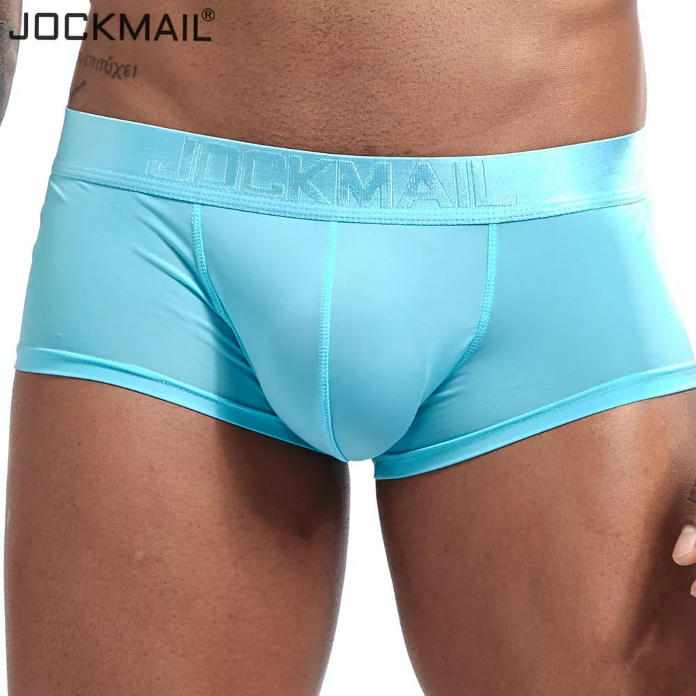 Jockmail ultra-fino gelo sexy roupa interior masculina boxers sólido convexo cuecas curtas deslizamento homme cueca gay masculino boxers