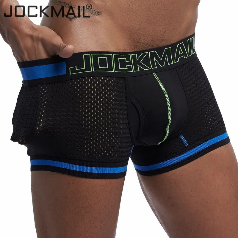 Jockmail marca roupa interior boxer masculino malha respirável boxers masculinos sexy calcinha de algodão dos homens bodysuit troncos pant