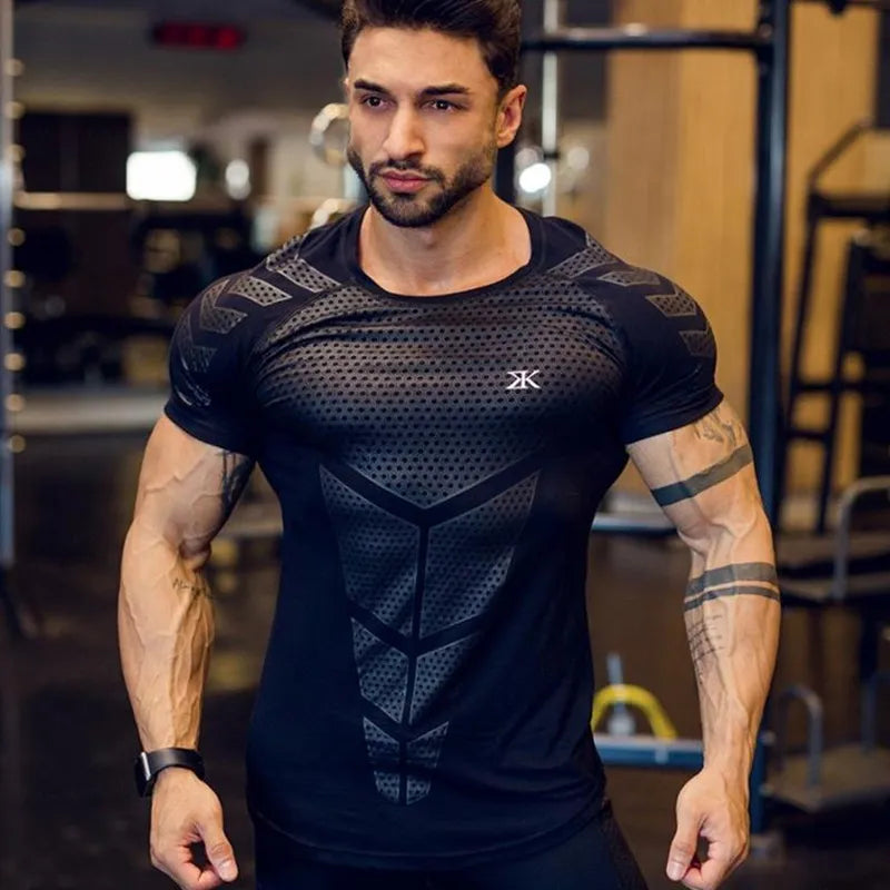 Compressão de secagem rápida camiseta dos homens correndo esporte magro curto camiseta masculino ginásio fitness musculação treino preto topos roupas