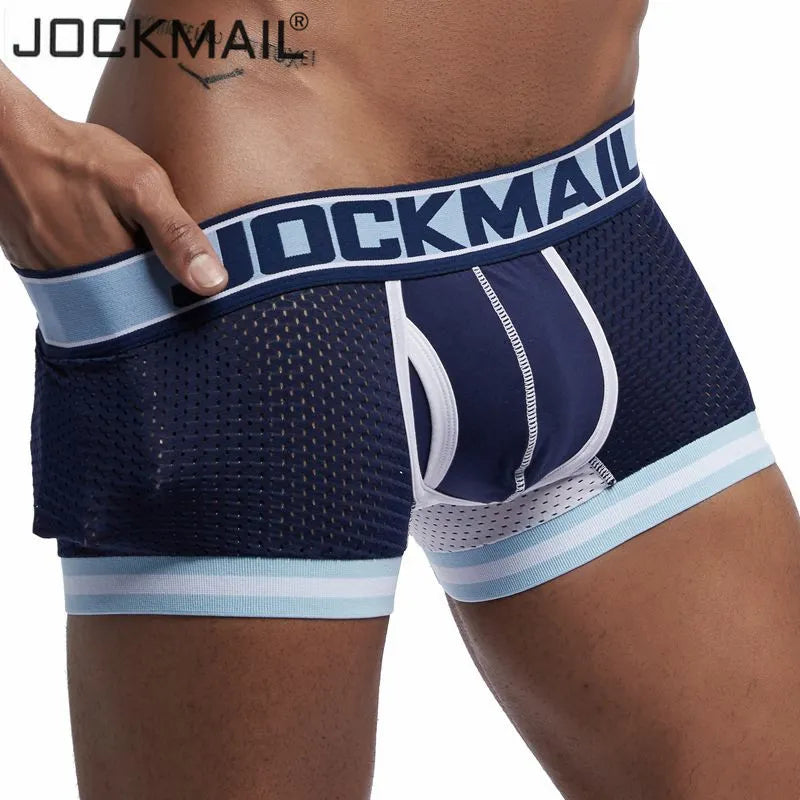 Jockmail marca roupa interior boxer masculino malha respirável boxers masculinos sexy calcinha de algodão dos homens bodysuit troncos pant