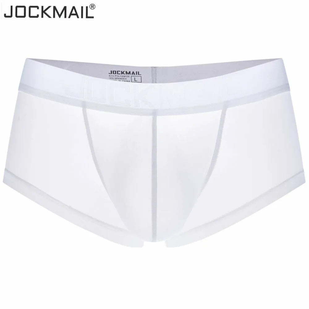 Jockmail ultra-fino gelo sexy roupa interior masculina boxers sólido convexo cuecas curtas deslizamento homme cueca gay masculino boxers