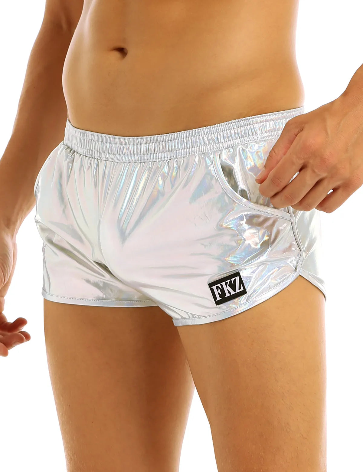 Cuecas boxer metálicas holográficas brilhantes masculinas, cuecas casuais soltas, roupa íntima, moda praia, biquíni