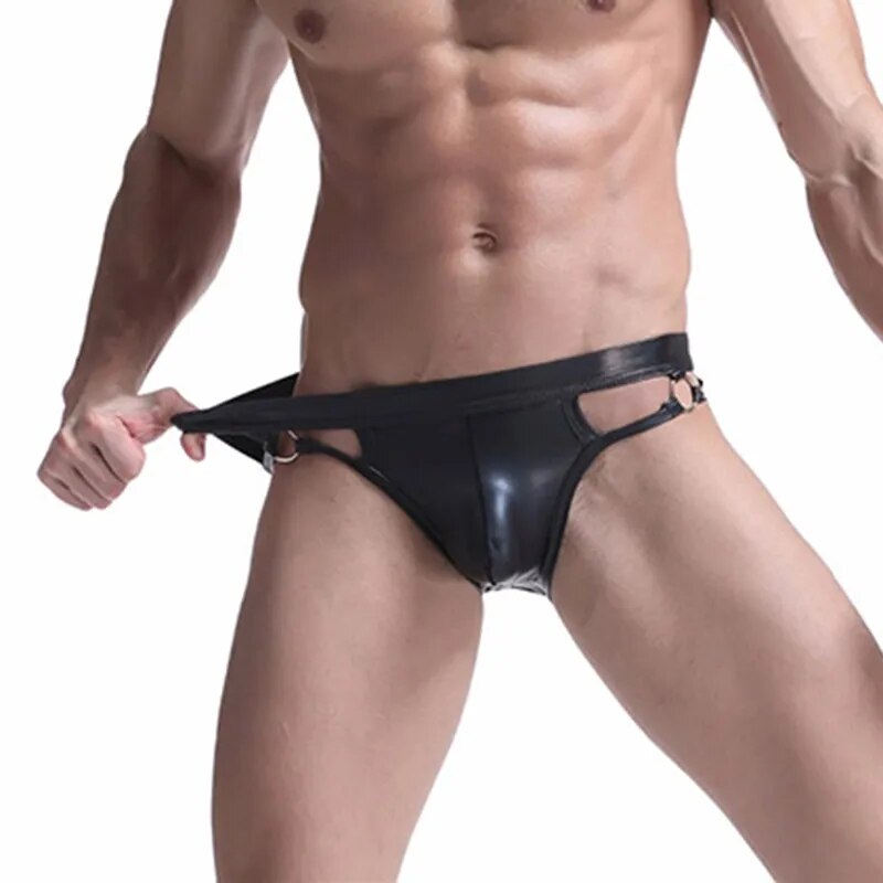 Ropa interior Sexy de cuero PU para hombre, calzoncillos con tirantes, Tanga, bolsa para Tanga, bragas, Bikini, novedad de 2021