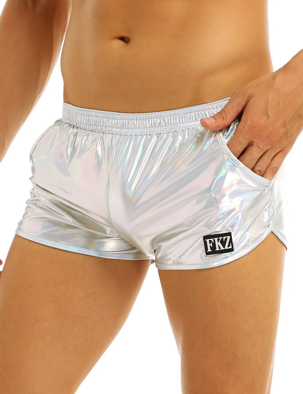 Cuecas boxer metálicas holográficas brilhantes masculinas, cuecas casuais soltas, roupa íntima, moda praia, biquíni