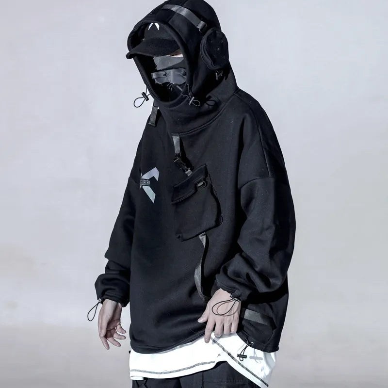 Moletons Techwear com design de fita / Moletom Hip Hop Streetwear 