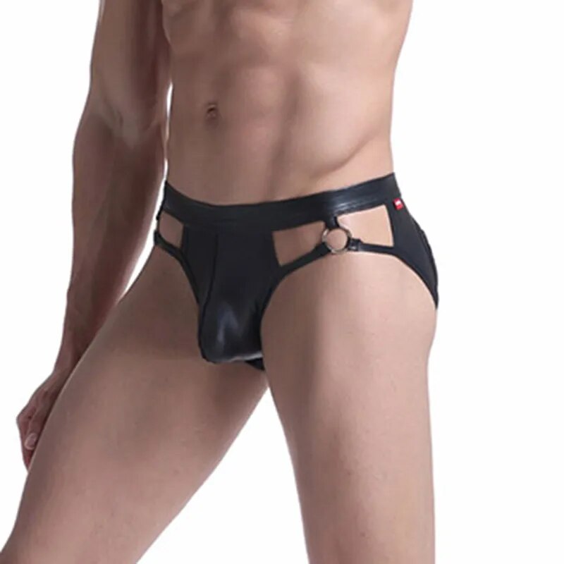 Ropa interior Sexy de cuero PU para hombre, calzoncillos con tirantes, Tanga, bolsa para Tanga, bragas, Bikini, novedad de 2021