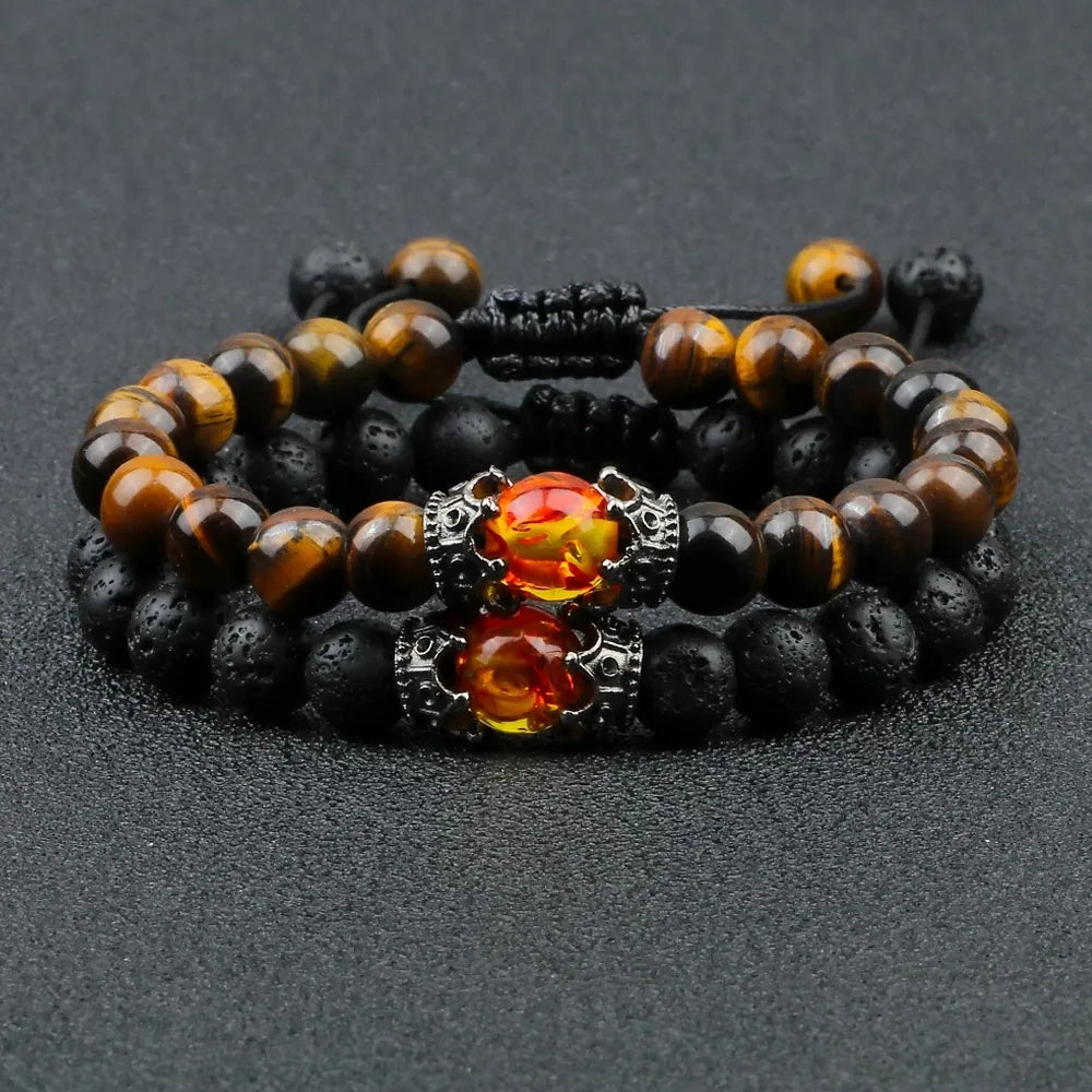 Pulseira de contas de olho de tigre com pingente de coroa de pedra de lava preta para homens e mulheres pulseiras trançadas artesanais joias ajustáveis