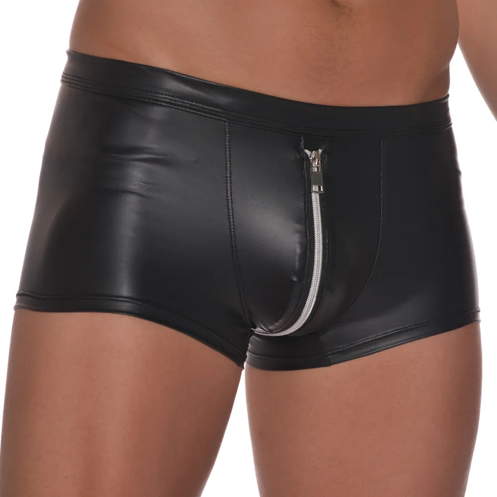 Boxer sexy masculino boxers de couro do plutônio shorts masculinos deslizamento gay pênis bolsa quente homem roupa interior bulge zíper aberto bunda calcinha