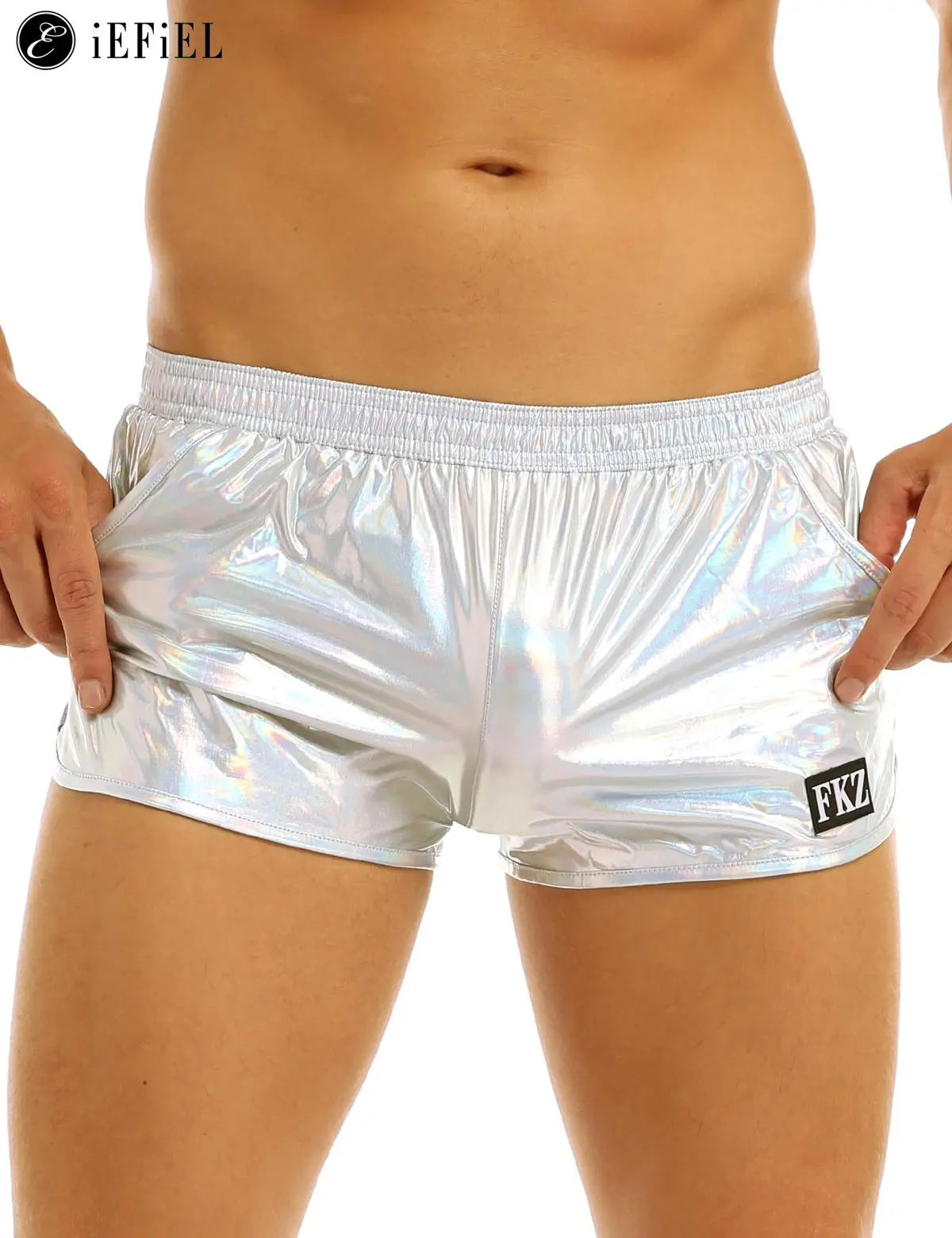 Cuecas boxer metálicas holográficas brilhantes masculinas, cuecas casuais soltas, roupa íntima, moda praia, biquíni