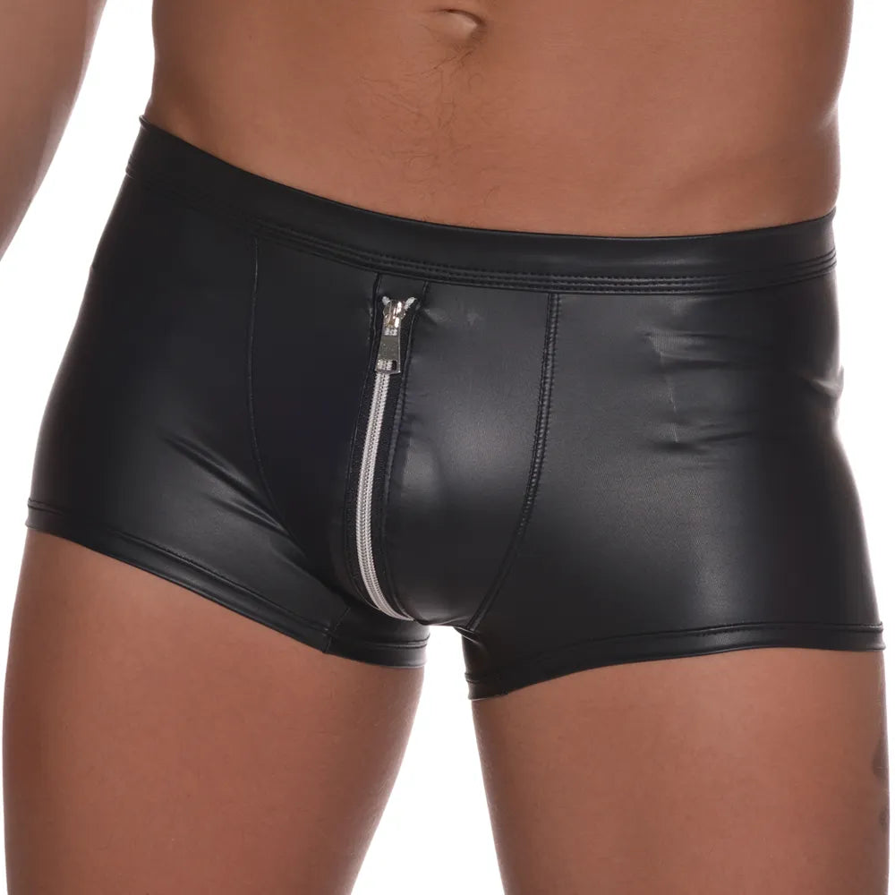 Boxer sexy masculino boxers de couro do plutônio shorts masculinos deslizamento gay pênis bolsa quente homem roupa interior bulge zíper aberto bunda calcinha