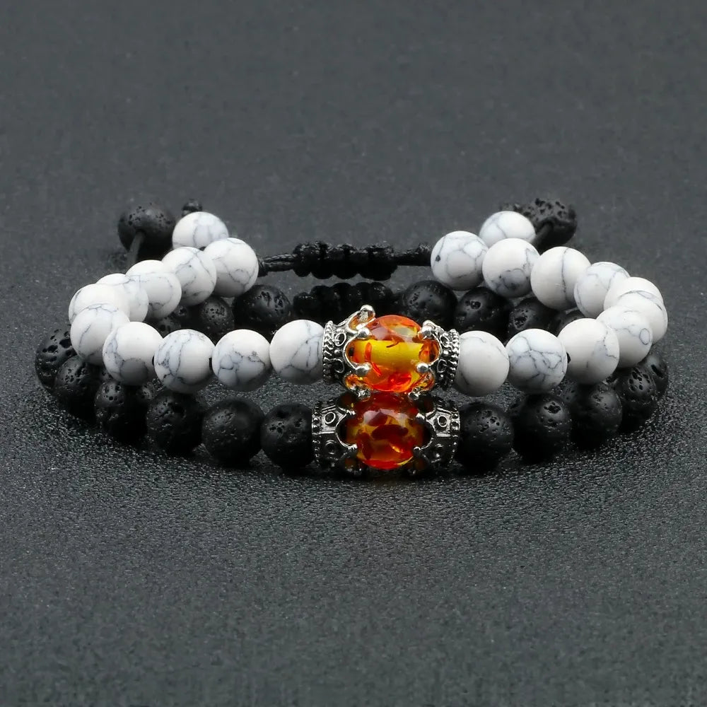 Pulseira de contas de olho de tigre com pingente de coroa de pedra de lava preta para homens e mulheres pulseiras trançadas artesanais joias ajustáveis