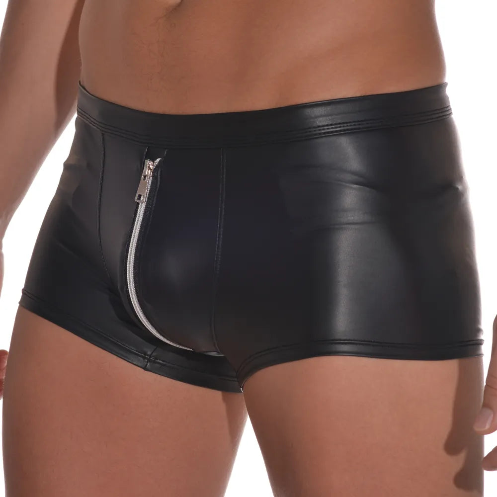 Boxer sexy masculino boxers de couro do plutônio shorts masculinos deslizamento gay pênis bolsa quente homem roupa interior bulge zíper aberto bunda calcinha