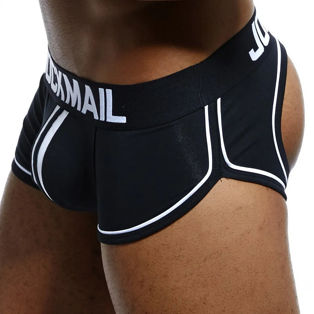 Jockmail marca masculina roupa interior boxer shorts sem costas nádegas de algodão sexy aberto para trás gay homem cueca jockstrap cuecas sissy tronco