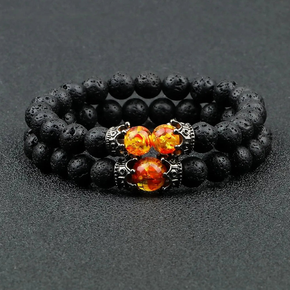 Pulseira de contas de olho de tigre com pingente de coroa de pedra de lava preta para homens e mulheres pulseiras trançadas artesanais joias ajustáveis